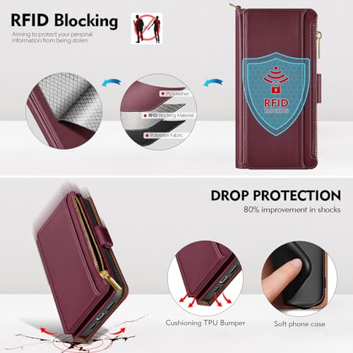 Antsturdy for iPhone 15 Pro Phone Wallet Case Women,Wine Red | RFID Blocking,with Credit Card Holder Slots,PU Leather Purse,Zipper Pocket,Wrist Strap Kickstand,Flip Folio Cover for Men - color: Wine Red