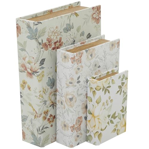 Deco 79 Canvas Decorative Box Faux Storage Book Book Shaped Boxes with Pink and Blue Floral Patterns, Set of 3 Decorative Keepsake Boxes 12", 9", 6"H, White - color: White, size: 11.90", 9.15", 6.40"