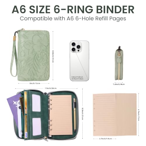 A6 Binder Zipper Budget, Planner for Travel & Study | Faux leather A6 organizer with zipper, cash pouches, lined pages, card slots and pen holder for budgeting. - color: Green2