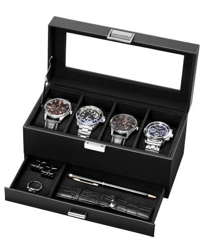 Lolalet 4-Slot Watch Case for Men, Mens Jewelry Box with Glass Lid -Black | Watch & Jewelry Box with Drawer, Easy-Clean PU Leather, Soft Removable Pillow, Home Organizer&Display, Dust-Proof, Men's Gift - color: All Black, size: 4-slot