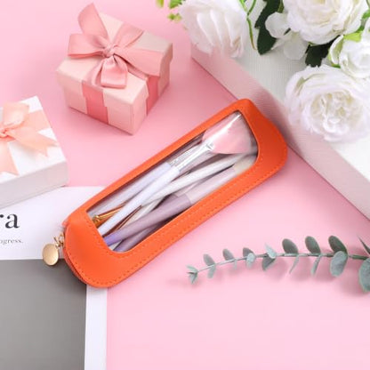 Psyqtsuary Small Clear Makeup Bag, PU Leather Travel Makeup Brush Case - color: Orange