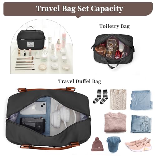 Weekender Bags for Women, Personal Item Travel Bag with Shoes Compartment | Overnight Travel Duffel Bag with Toiletry Bag, Airplane Friendly Carry-On Bag - color: Black & Brown, size: Large