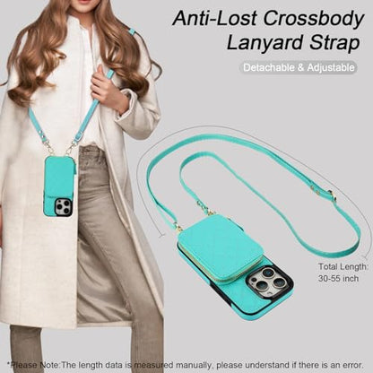 Bocasal Crossbody Wallet Case Card Holder for iPhone 16 Pro, Mint Green | RFID Blocking PU Leather Zipper Handbag Purse, Kickstand Flip Folio Case with Card Slots Holder Wrist Strap Lanyard 6.3 Inch - color: Green