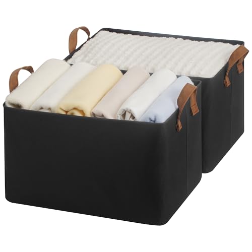 StorageWorks Closet Storage Bins, Black, Large, 2-Pack | With Reinforced PU Handles, Metal Frame, Collapsible, Storage Basket for Shelves, Closet, Holds Clothes, Towels, Blankets - color: Black, size: 16 ½" L x 12" W x 10 ¼" H