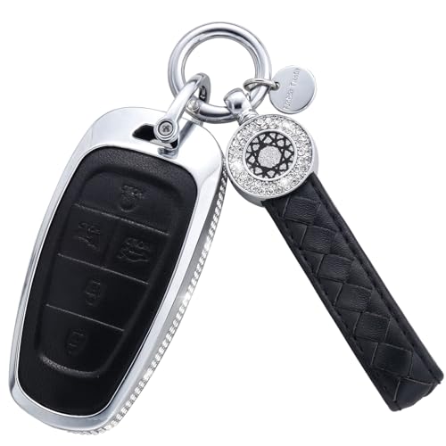 for Hyundai Key Fob Cover with Keychain, Black Genuine Leather Crystal Key Case Protection Shell Compatible with 2019 2020 2021 2022 Sonata Tucsonn, 5 Buttons - size: Fit for Hyunda C (5 buttons)