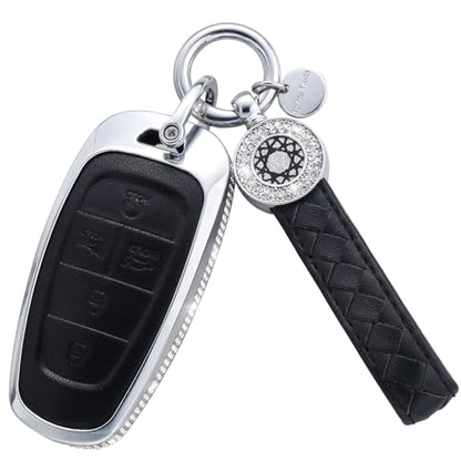 for Hyundai Key Fob Cover with Keychain, Black Genuine Leather Crystal Key Case Protection Shell Compatible with 2019 2020 2021 2022 Sonata Tucsonn, 5 Buttons - size: Fit for Hyunda C (5 buttons)