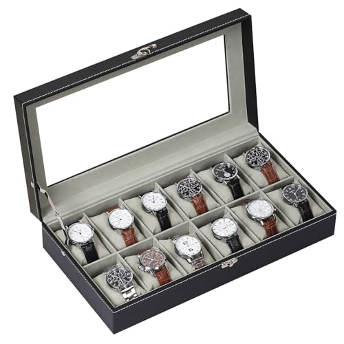 AUTOARK Leather & Velvet 12 Watch Box Glass Top Jewelry Display Lockable Case Organizer,Removable Watch Pillows,Black,MKAW107 - color: Black + Grey, size: 12 Slot