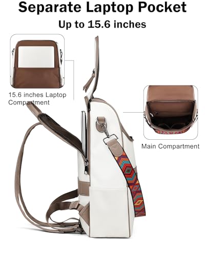 FADEON Laptop Backpack for Women, Vegan Leather 15.6 inch Computer bag | Waterproof Backpack Fits 13 14 inch, Padded Sleeve, Designer Water Bottle Pockets, Luggage Strap for Travel Work School - color: White Retro Style