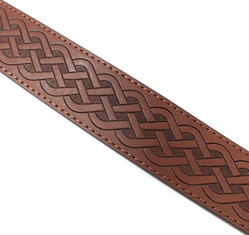 Leather Belt Strap with Embossed Celtic Knot Weave Pattern 1.5" Wide | With Snaps and Without Buckle - color: Brown, size: Small (28-30" Waist)