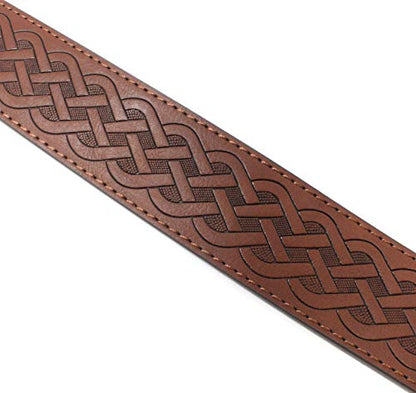 Leather Belt Strap with Embossed Celtic Knot Weave Pattern 1.5" Wide | With Snaps and Without Buckle - color: Brown, size: Small (28-30" Waist)