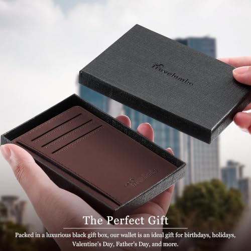 Travelambo 100% Genuine Leather Wallet for Men and Women, Slim Minimalist RFID Blocking Front Pocket Credit Card Holder with Gift Box(Brown 01) - color: Texas Brown 01