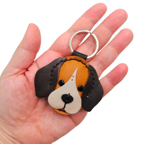 Genuine Leather Keychain, Animal Keyring, Bag Purse Charm Pendant Gifts Handmade, Cute Key Holder, Pets Lover Accessories - color: Begle Dark Brown Ears