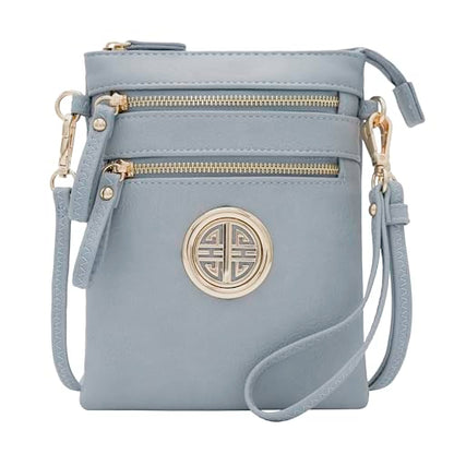 Small Multi Zipper Pockets Crossbody Bag with Detachable Wristlet - color: Blue Grey