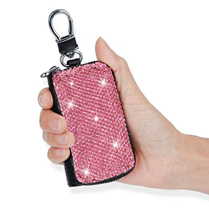 eing Bling Bling Car Key Chain Case Premium Leather Coin Holder Zipper Case Remote Wallet Bag - color: B-rose Red