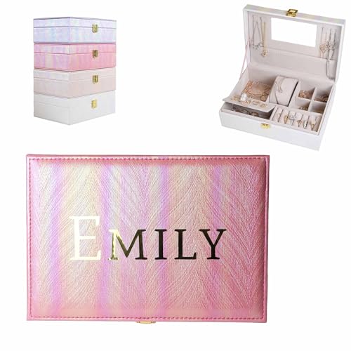 Customizable Rainbow Leather Box with Mirror, Jewelry Case, Jewelry Organizer, Jewelry Box for Women and Girls, Jewelry Organizer (Hot Pink Rainbow) - color: Hot Pink Rainbow