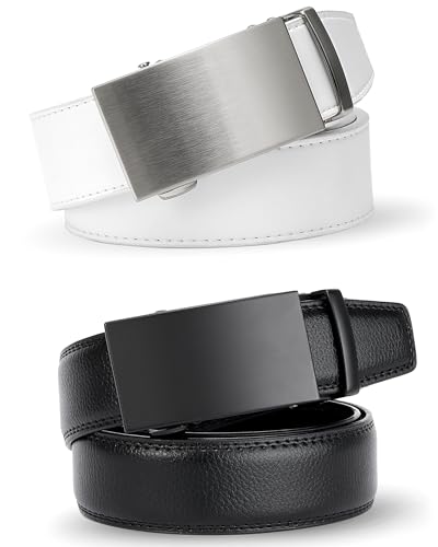 Men's Leather Belt with Ratchet Buckle - color: 2pack-black/White, size: 36" to 42" Waist Adjustable