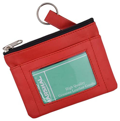 MARSHAL Genuine Leather Coin Change Purse With Front ID Window & Key Ring - color: Red