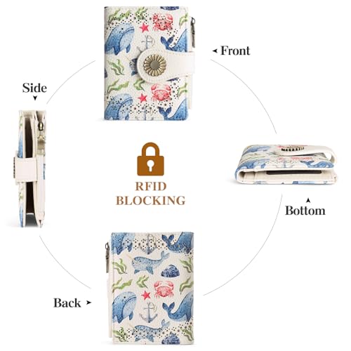 SENDEFN Small Wallets for Women Bifold RFID Blocking Leather Card Holder Compact Wallet with Zipper Coin Pocket - color: B-White Whale