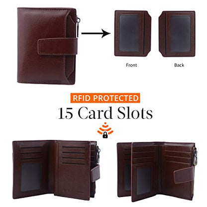Bveyzi Small Leather Wallet for Women, RFID Bifold with ID Window | Holds 11 cards, a pull-out ID sleeve, zippered coin pocket & bill slot — fits crossbody bags and keeps everything organized - color: Coffee