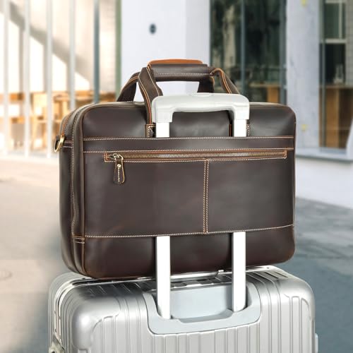 Polare Full Grain Napa Leather 17" Briefcase Work Bag Business Case For Men - color: Dark Brown (Updated Version)