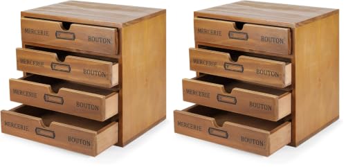 Flexzion Wood Desktop Organizer with Drawers, Desktop Storage Drawers Wood Cabinet, 4-Drawer Wooden Card Catalog Cabinet for Office, Crafts, Jewelry, Stationery, Vintage Brown (Pack of 2) - size: 4 Drawer (Pack of 2)