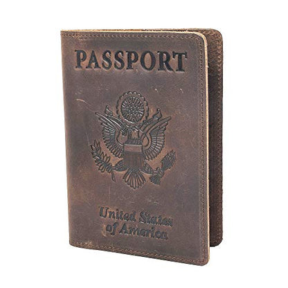 RFID Blocking Passport Holder Travel Wallet - Genuine Crazy Horse Leather for Men(Coffee) - color: Coffee