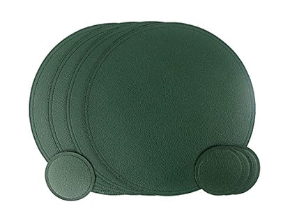 Jovono Faux Leather Round Placemats and Coasters, Wipeable Table Mats, Easy to Clean, Double Stitched for Kitchen Dining Table, Party, Restaurant, Diameter 13'' and 3.9'', Green - color: A Green, size: Set of 4