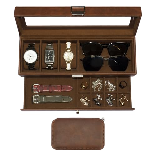 Watch Box and Watch Storage Bag Set,3 Compartment Watch Display Box with Drawers and a Portable Watch Case, Men's Watch Box with Glass Lid, 2 Tier Jewelry and Watch Organizer - style: 3 watches-Brown