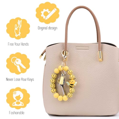 BAOSIWA Silicone Beaded Keychain Wristlet Key Ring Bracelet Cute Car Key Chain Holder for Women Girls - color: Bee