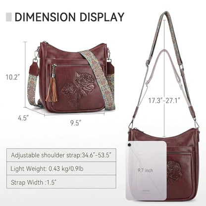 Medium Crossbody Bags for Women,Vegan Leather Hobo Purses Embossed | Women's Shoulder Handbags with Adjustable Boho Strap for Daily Travel Lightweight Cross body Purses with Multi Pockets - color: 10-red