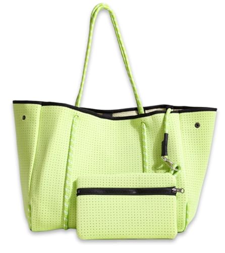 POPUPS Large Neoprene Tote Bag for Women - Everyday Designer Handbag for Travel Work and Beach with Pockets and Zipper Pouch - color: 1neon Green