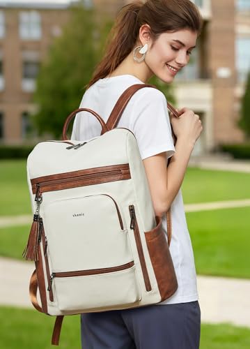 Upgraded 17 inch Leather Laptop Backpack for Women | Waterproof Vegan Leather Computer Backpack with Laptop Compartment,32L Large Capacity,Travel Work Business College - color: Beige With Brown