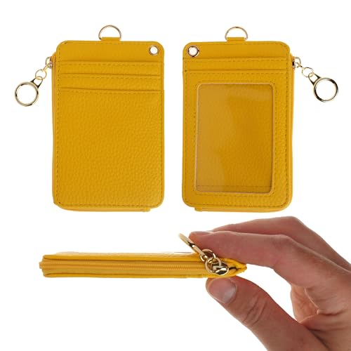 Mondo Designs 2-in-1 ID Badge Holder & Lanyard Wallet - Multi-Use Womens Small Wallet with Removable Wristlet & Neck Lanyard, Clear Window, 5 Card Slots, Phone Holder, Ring Keychain - Yellow - color: Yellow