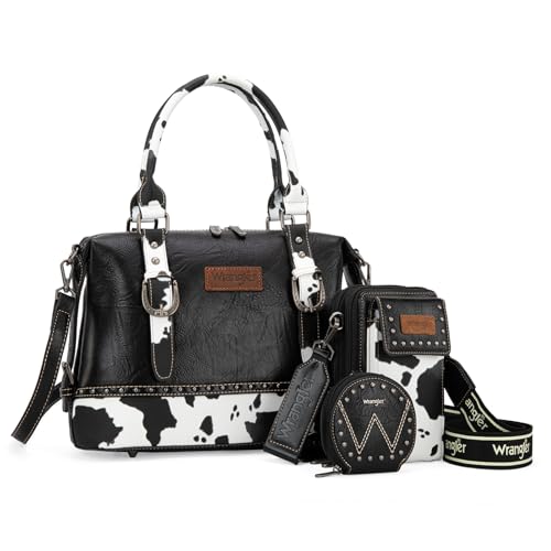 Wrangler 3Pcs Doctor Bag Sets for Women Top-handle Satchel Bag with Cell Phone Handbag and Coin Purse - color: Black Cow Print
