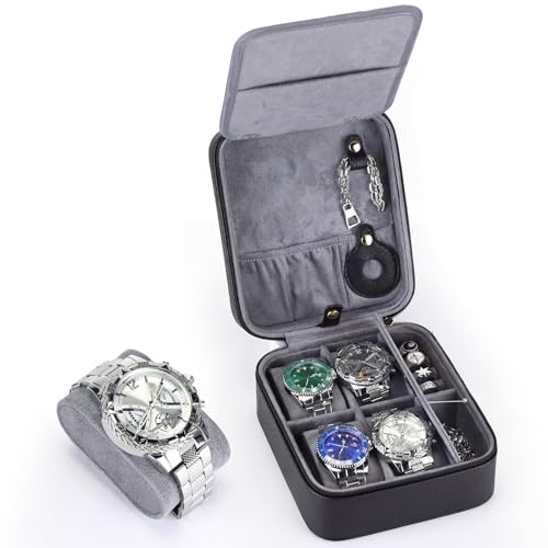 Travel Watch Case for Men 4 Slots PU Leather Mens Father Jewelry Box with Compartments Zippered Portable Watches Cufflinks Accessories Storage Case Gift(Black - Gray) - color: Black - Gray