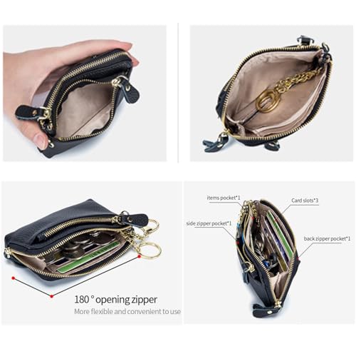 Women Genuine Real Leather Coin Purse with Hand Strap. 3 Zipper Small Wallet Wristlet with 3 credit cards slots Holder - Dark Blue - color: #18 Dark Blue