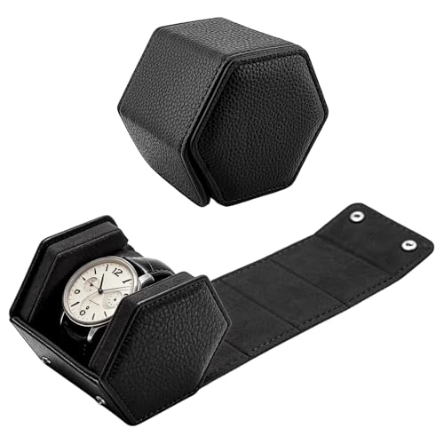 Compact Hexagon Watch Box, Genuine Leather & Magnetic Switch, Black | 3.15 * 3.74 * 3.54inch, portable & waterproof, deal gift for birthdays, father's day, christmas and new years - color: Black