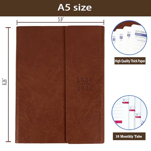 Planner 2026-2027, Weekly Monthly Academic Calendar Book, 8.26" x 5.9" | Jul 2026 - Dec 2027 [18 Month Agenda], Faux Leather Cover + Thick Paper (26-27 Brown) - color: Brown, style: 2026-2027 Weekly Planner