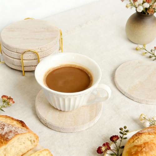 Natural Travertine Marble Coasters Set of 6-4" Round | Non-Slip Cork Backing, Festival Gifts, Wedding, Protect Tables from Stains & Scratches - size: Round 6 Pcs