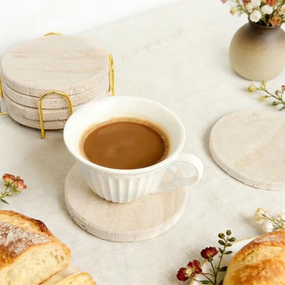 Natural Travertine Marble Coasters Set of 6-4" Round | Non-Slip Cork Backing, Festival Gifts, Wedding, Protect Tables from Stains & Scratches - size: Round 6 Pcs