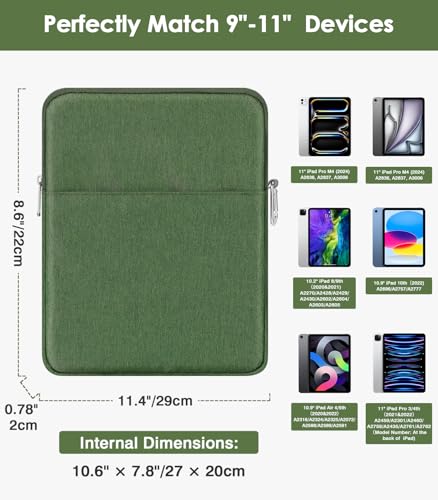 MoKo 9-11 Inch Tablet Sleeve Bag Carrying Case Fits New 11-inch iPad Pro M4/iPad Air M2 2024, Air 5/4/3 10.9"/10.5", Pro 11 M2, i-Pad 10th 10.9, i-Pad 9/8th Gen 10.2, Tab S8/S9 11", Grass Green - color: Grass Green, size: 9-11