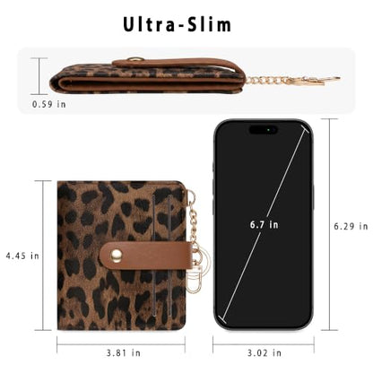 Small Wallet Women RFID, PU Leather Card Holder with Keychain | Slim Compact Zipper Coin Purse for Ladies, Travel Holiday Gifts for Mom, Cute Mini Bifold Wallets - color: Brown Leopard