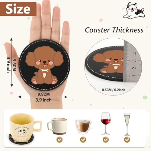 6 Pack Cute Dog Leather Coasters for Drinks, 3.9 Inch Round Drink Cup Mats, Heat Resistant Coasters for Table Protection, Funny Pet Lover Gifts for Men Women - color: Black-6 Pcs