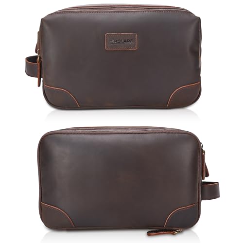 Polare Full Grain Leather Travel Toiletry Bag Dopp Kit Large Cosmetic Travel Case Shaving Kit Wash with YKK Zippers