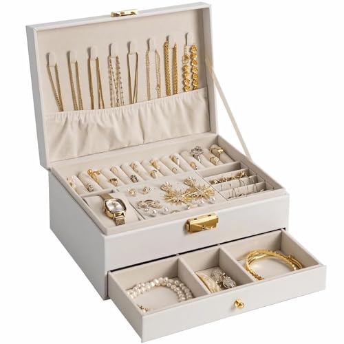 GUOER Jewelry Box for Women Girls, Two Layers Jewelry Organizer (White) | Vintage Quilting Stitching PU Leather, Earrings Bracelets Rings Necklace Watches Storage Large Jewellery Holder Case Gifts - color: White