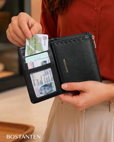 BOSTANTEN 작은 지갑 여성용 RFID 차단 카드 홀더 지퍼 포켓 포함, 블랙., 3단 소형 지갑 | Soft Suede Pebble Leather, Trifold, ID Window, Compact for Small Purse, Daily, Travel, Gifts - color: 블랙.