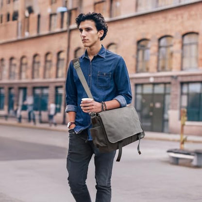 Messenger Bag for men Laptop Bag UnisexRetro Canvas Bag14-15.6 inches Casual single shoulder bag For Work College Travel - color: Grey