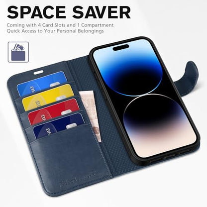 TUCCH Case Wallet for iPhone 14 Pro Max, RFID Blocking Folio, Dark Blue | 4 Card Holders, Kickstand, PU Leather, Magnetic Closure, Shockproof TPU Shell, Protective Flip Cover - color: Dark Blue