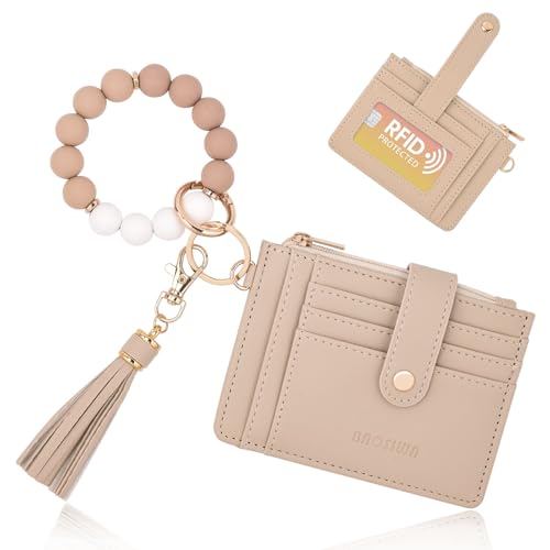 BAOSIWA Silicone Bracelet Keychain Wallet for Women Wristlet Card Holder Slim RFID Wallet with Zipper Pocket - color: Khaki