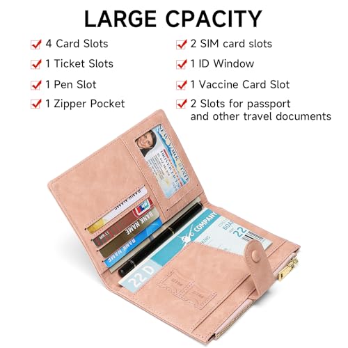 RFID Blocking Leather Passport Wallet Cover Case with Pen and Card Slots Travel Wallet for Women/Men Travel Must Haves Accessories - color: D-Light Pink